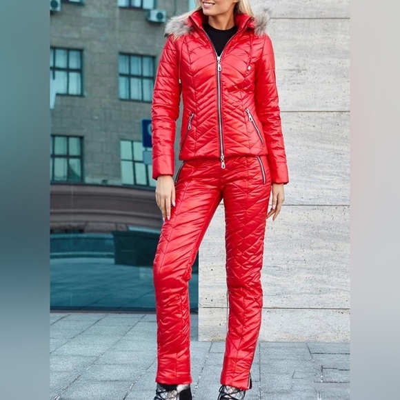 Chalet Puffer coordinate set snow ski jacket & high waisted pants pink red black - Picture 14 of 16